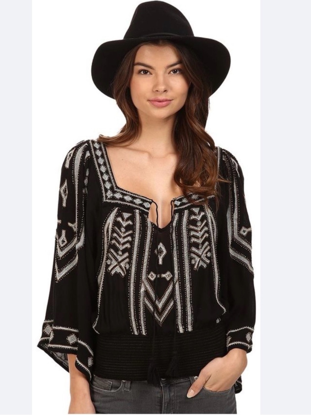 Free People Embroidered Black Peasant Boho Blouse with Tie Neck S